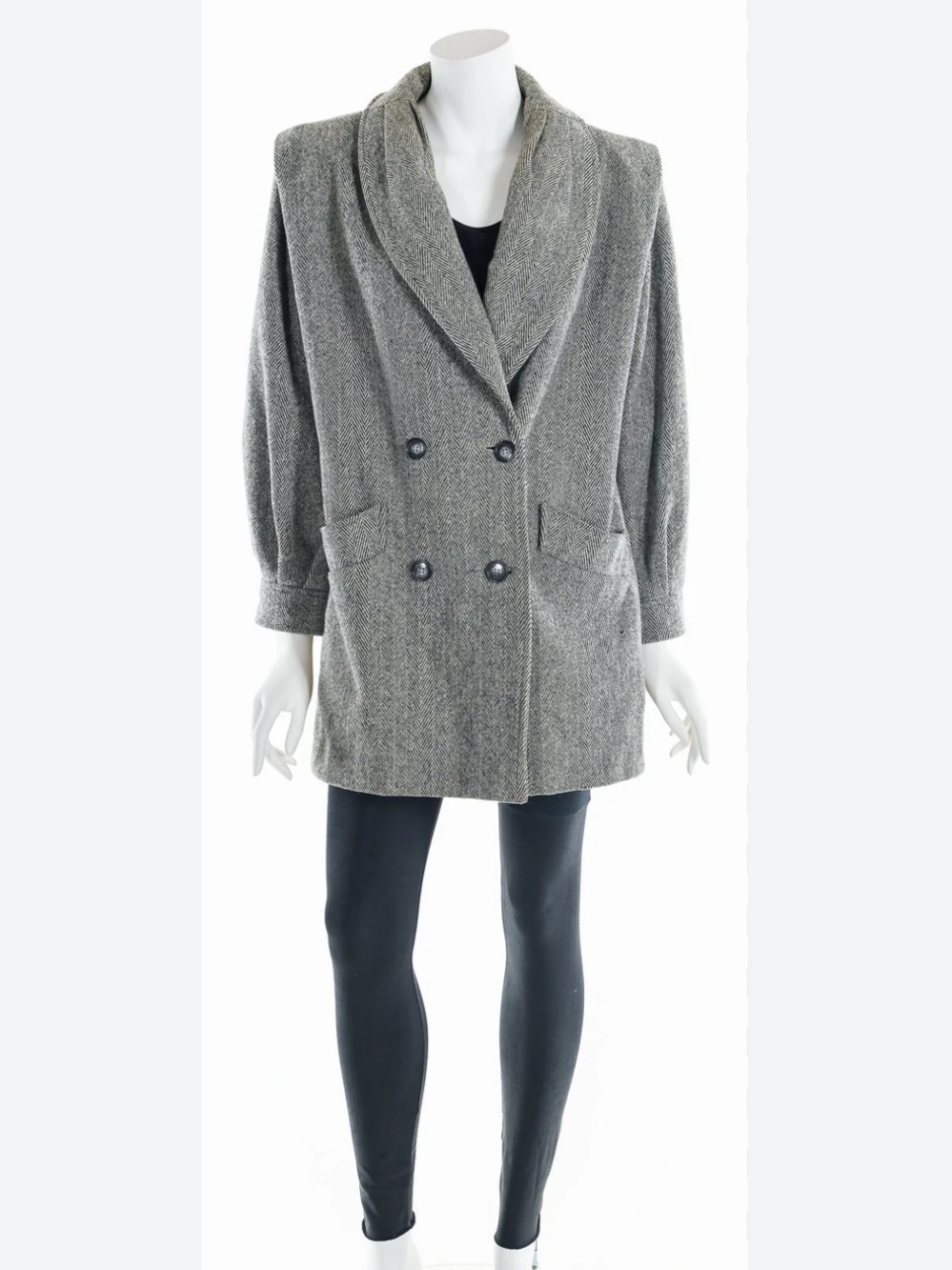 Vintage Gray Wool Harringbone Double-Breasted Pea Coat
